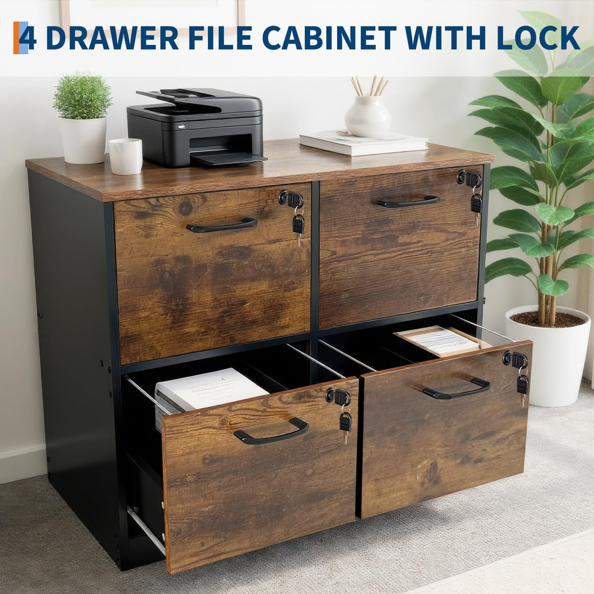 4 Drawer Wooden Lockable File Cabinet W3106