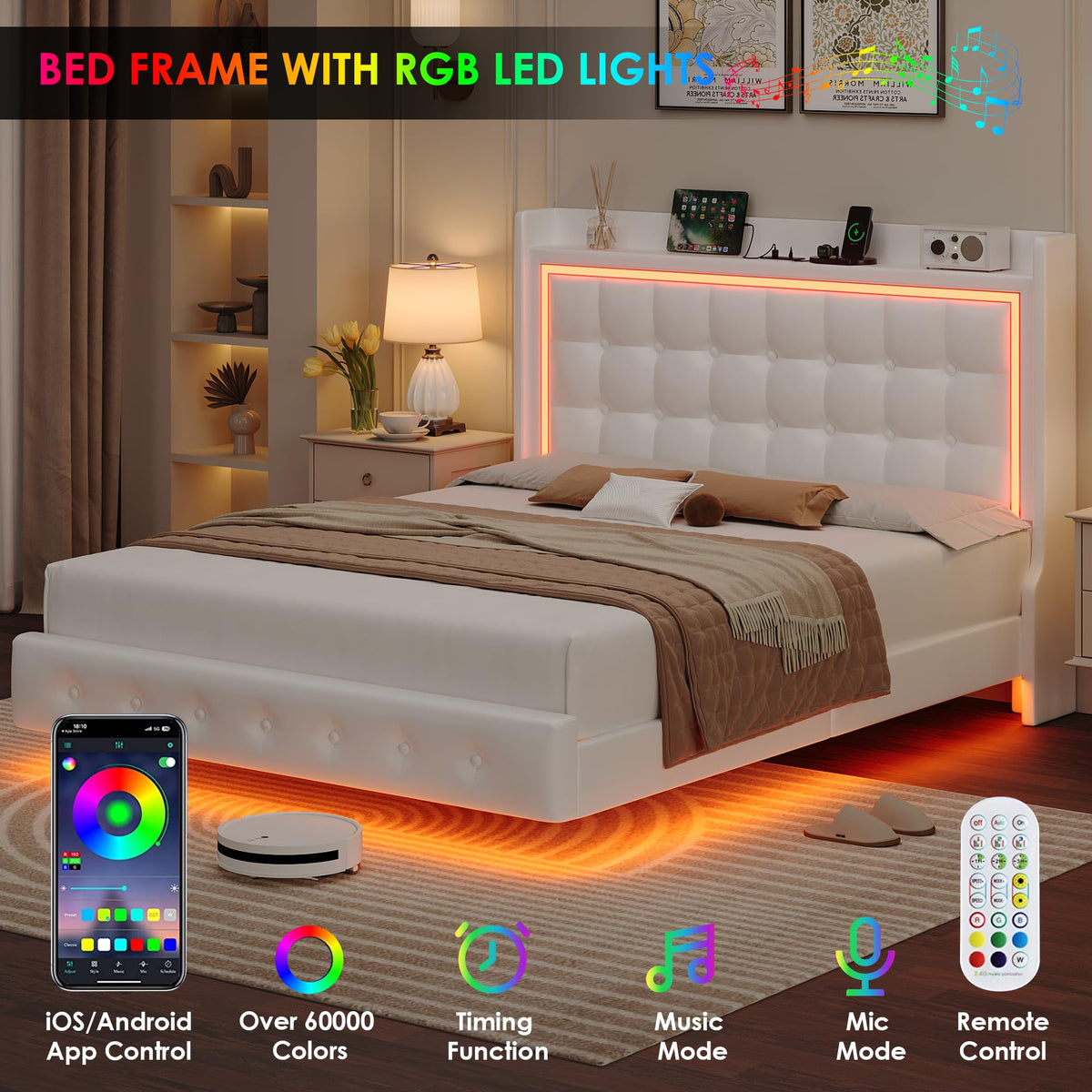 Queen Floating Bed Frame with Storage Headboard, LED Lights & Charging Station J55367