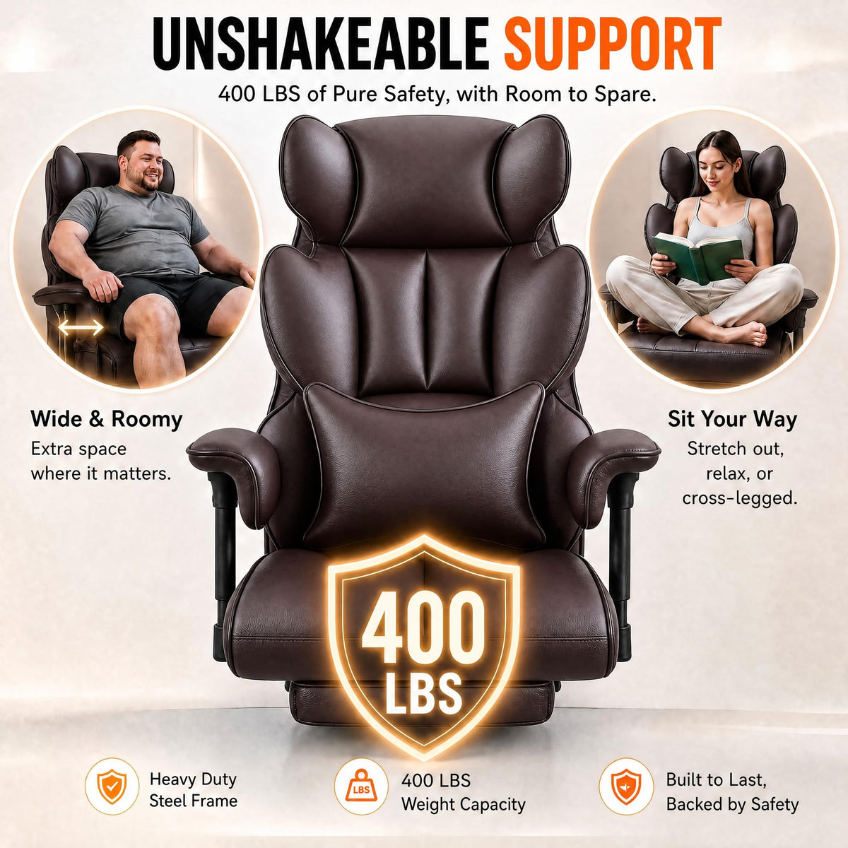 Big and Tall Brown Ergonomic Office Chair with Footrest U2940