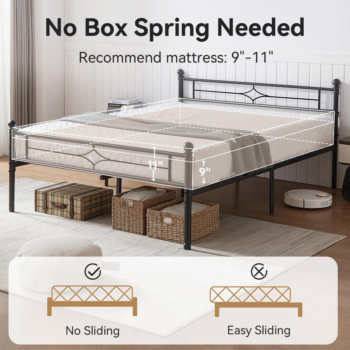 Full Size Black Metal Bed Frame with Headboard and Footboard U978122