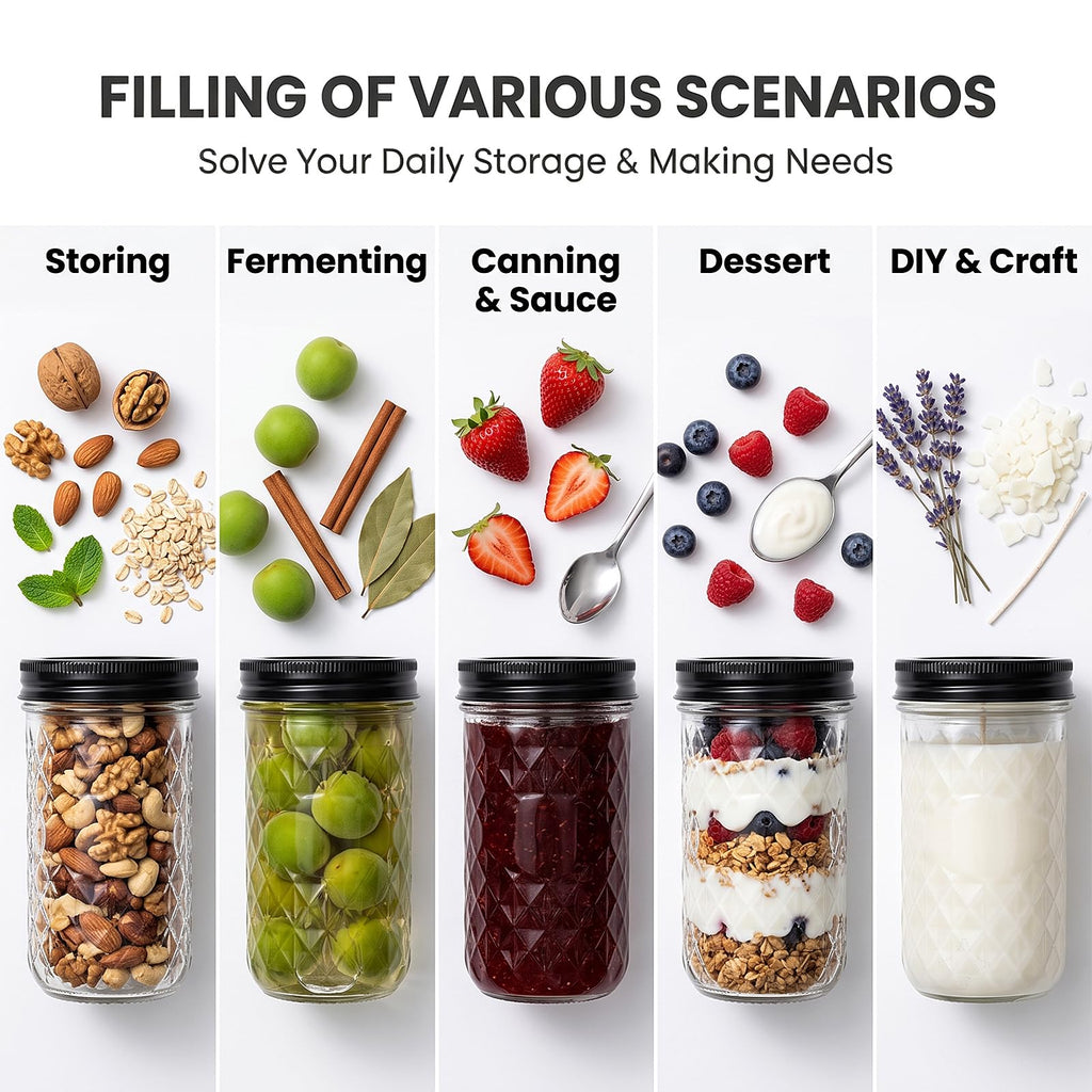 12 oz Mason Jars 12 Pack Regular Mouth Canning Jars with Black Lids G676052