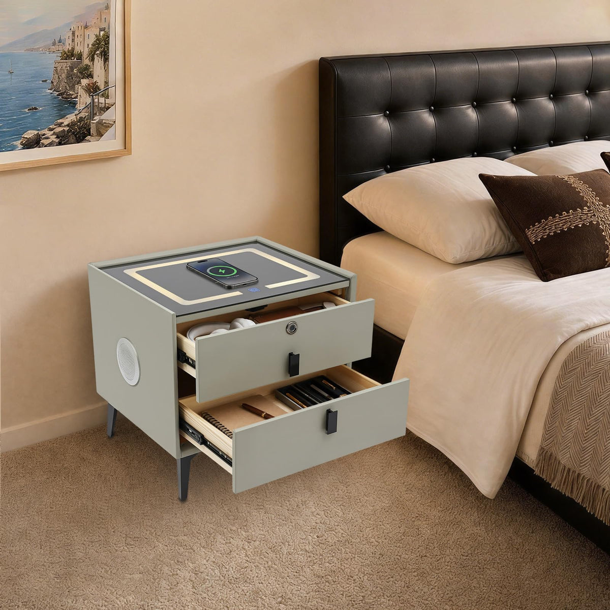 Light Gray Solid Wood Nightstand with Charging Station and 2 Drawers H636161