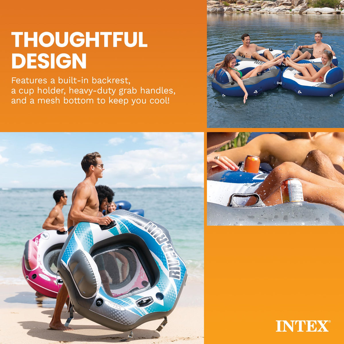 Single Person Inflatable Lounge Tube Chair with Mesh Bottom, Backrest, and Built in Cupholders I804028