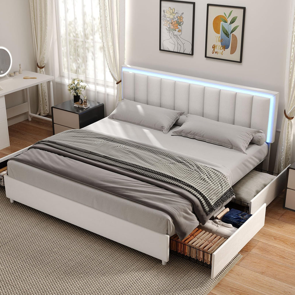 White Faux Leather Upholstered Platform Bed Frame with Headboard and 4 Storage Drawers C38666