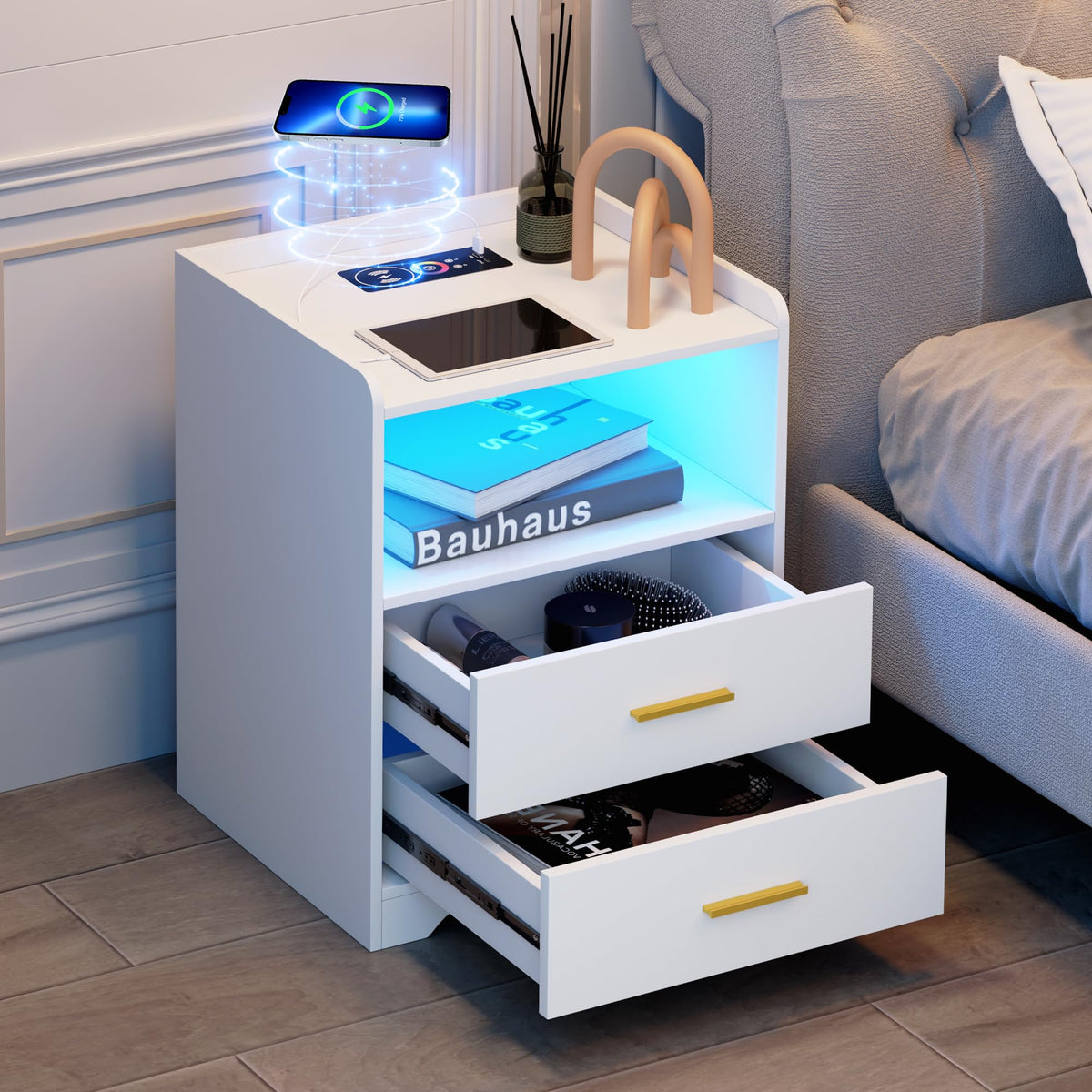 White Nightstand with Charging Station H852