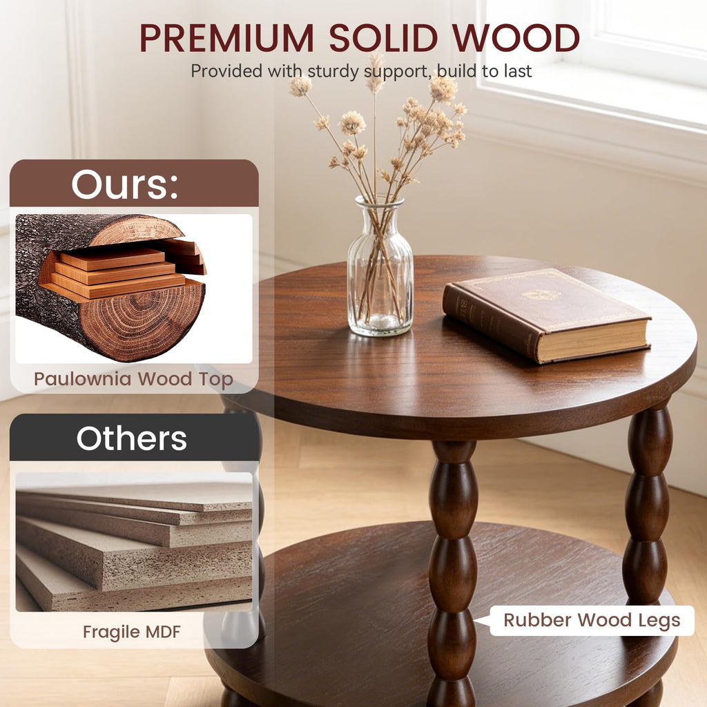 Small Round 3-Tier Solid Wood Side Table with Storage Shelf Q89150