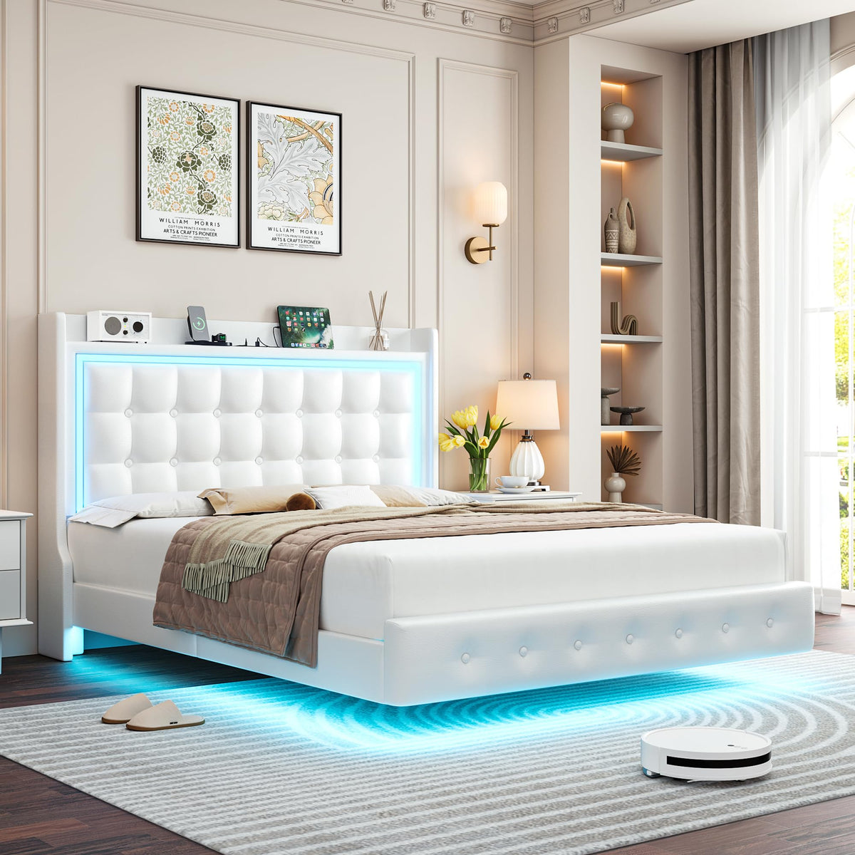 Queen Floating Bed Frame with Storage Headboard, LED Lights & Charging Station J55367