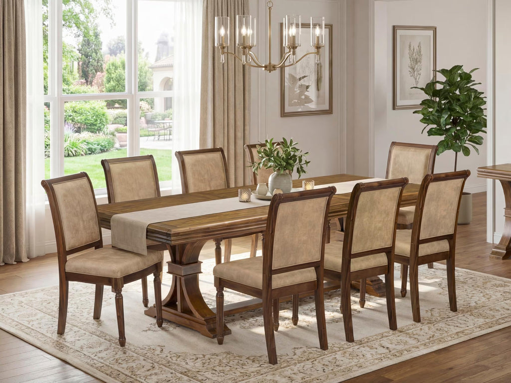9 Piece Dining Table Set with 8 Beige Polyester Chairs R876247