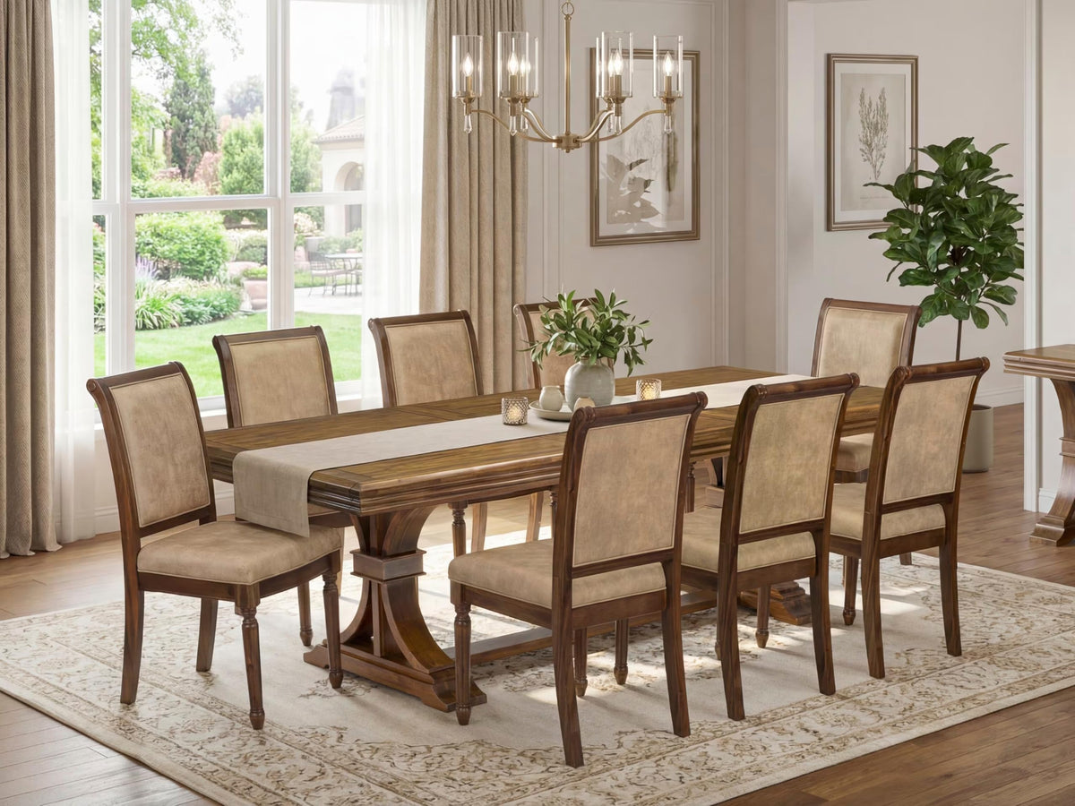 9 Piece Dining Table Set with 8 Beige Polyester Chairs R876247