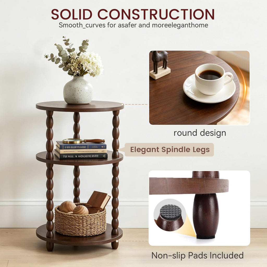 Small Round 3-Tier Solid Wood Side Table with Storage Shelf Q89150