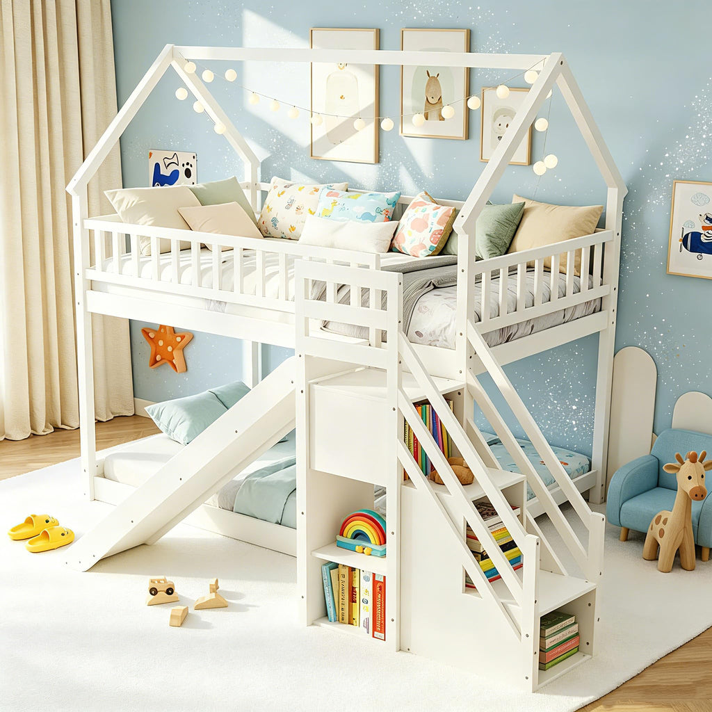White Twin Over Twin Wood Bunk Bed with Slide and Stairs F3867