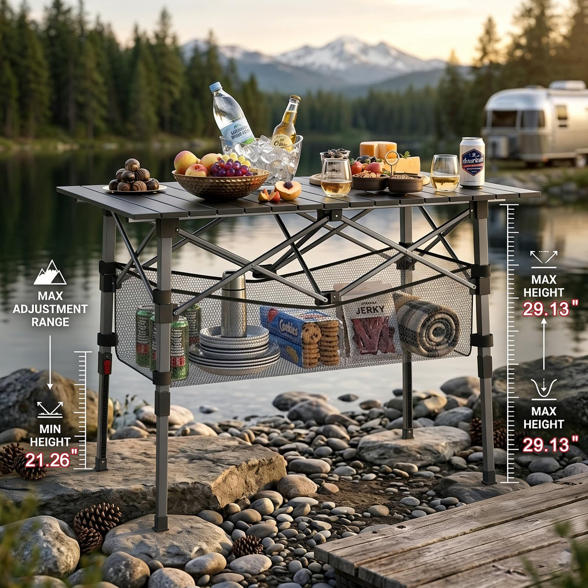 Portable Aluminum Folding Camping Table with Storage Basket R950