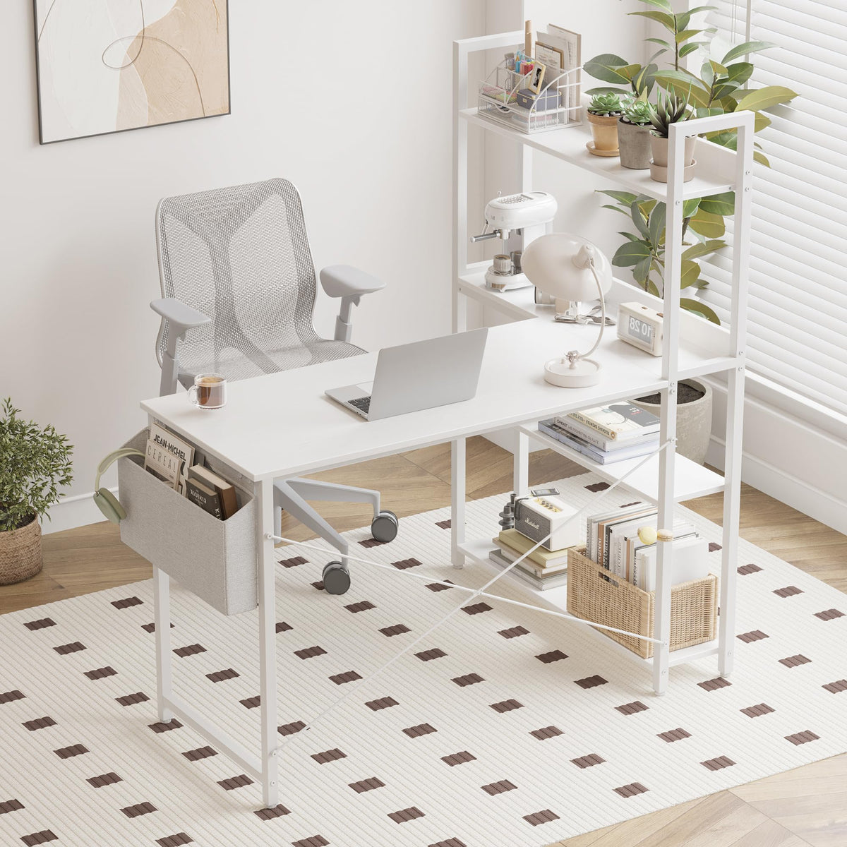 47 Inch White Computer Desk with Bookshelf A875979