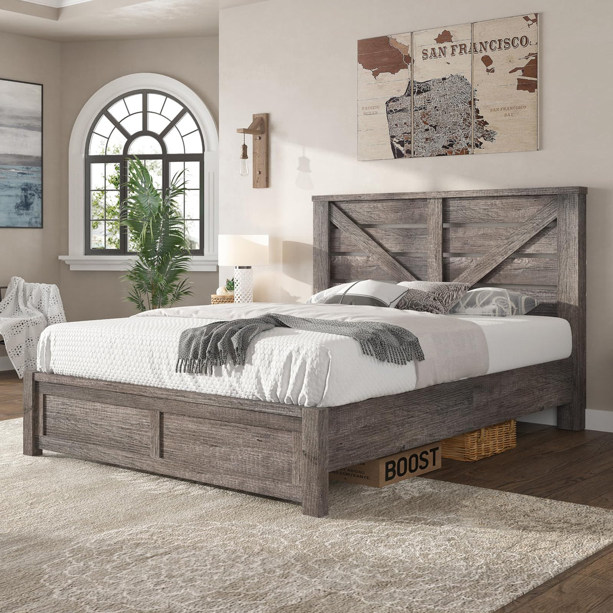 Gray Full Size Bed Frame with Barn Door Headboard W21530