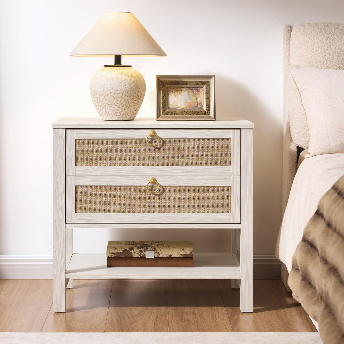 White Rattan Nightstand with 2 Drawers F67948