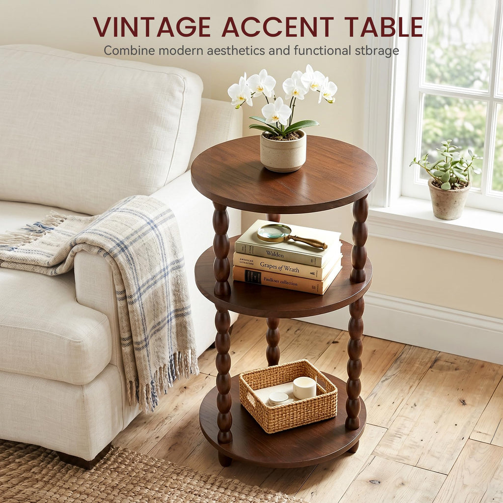 Small Round 3-Tier Solid Wood Side Table with Storage Shelf Q89150
