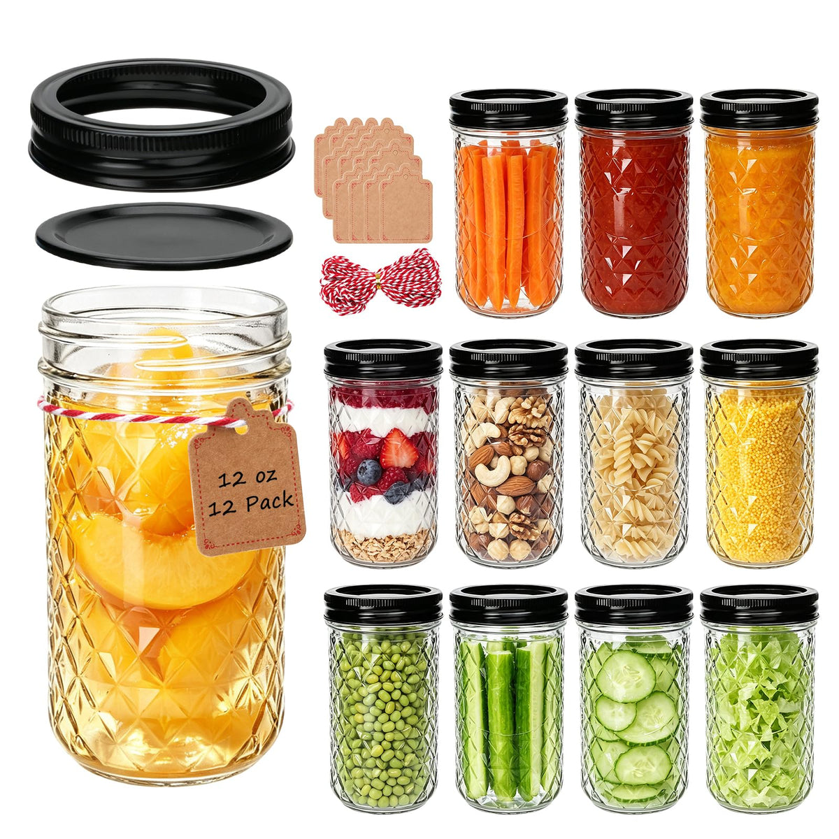 12 oz Mason Jars 12 Pack Regular Mouth Canning Jars with Black Lids G676052