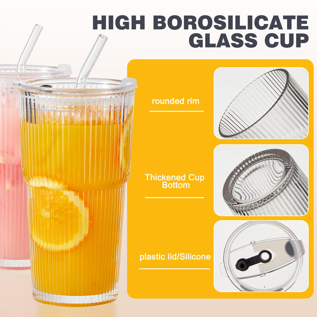 20oz Ribbed Glass Cups with Lids and Straws, Set of 4 H98867