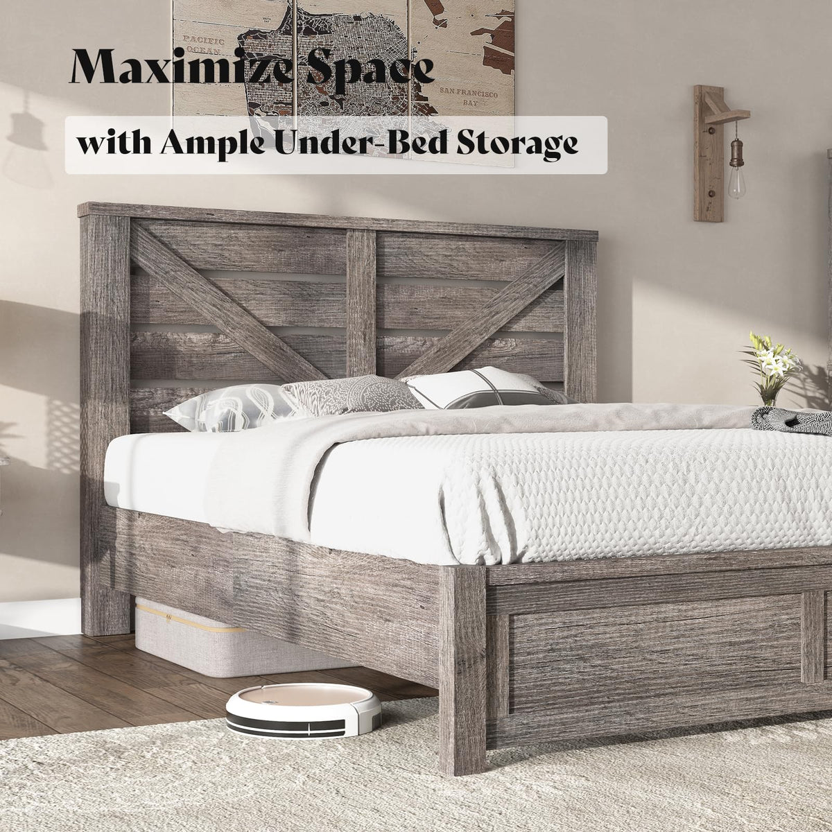 Gray Full Size Bed Frame with Barn Door Headboard W21530