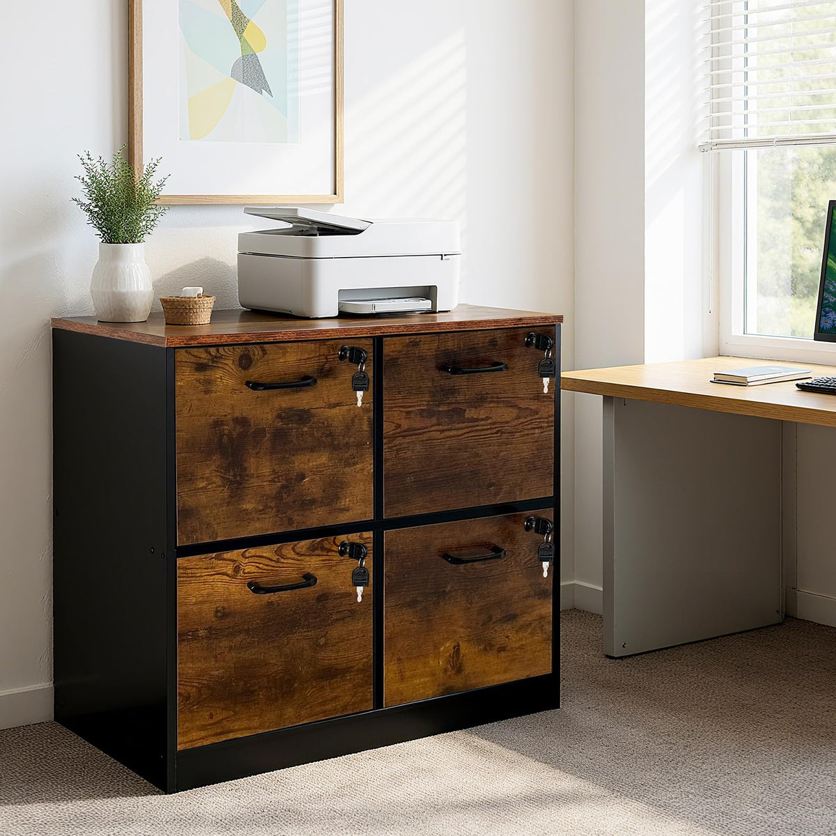 4 Drawer Wooden Lockable File Cabinet W3106