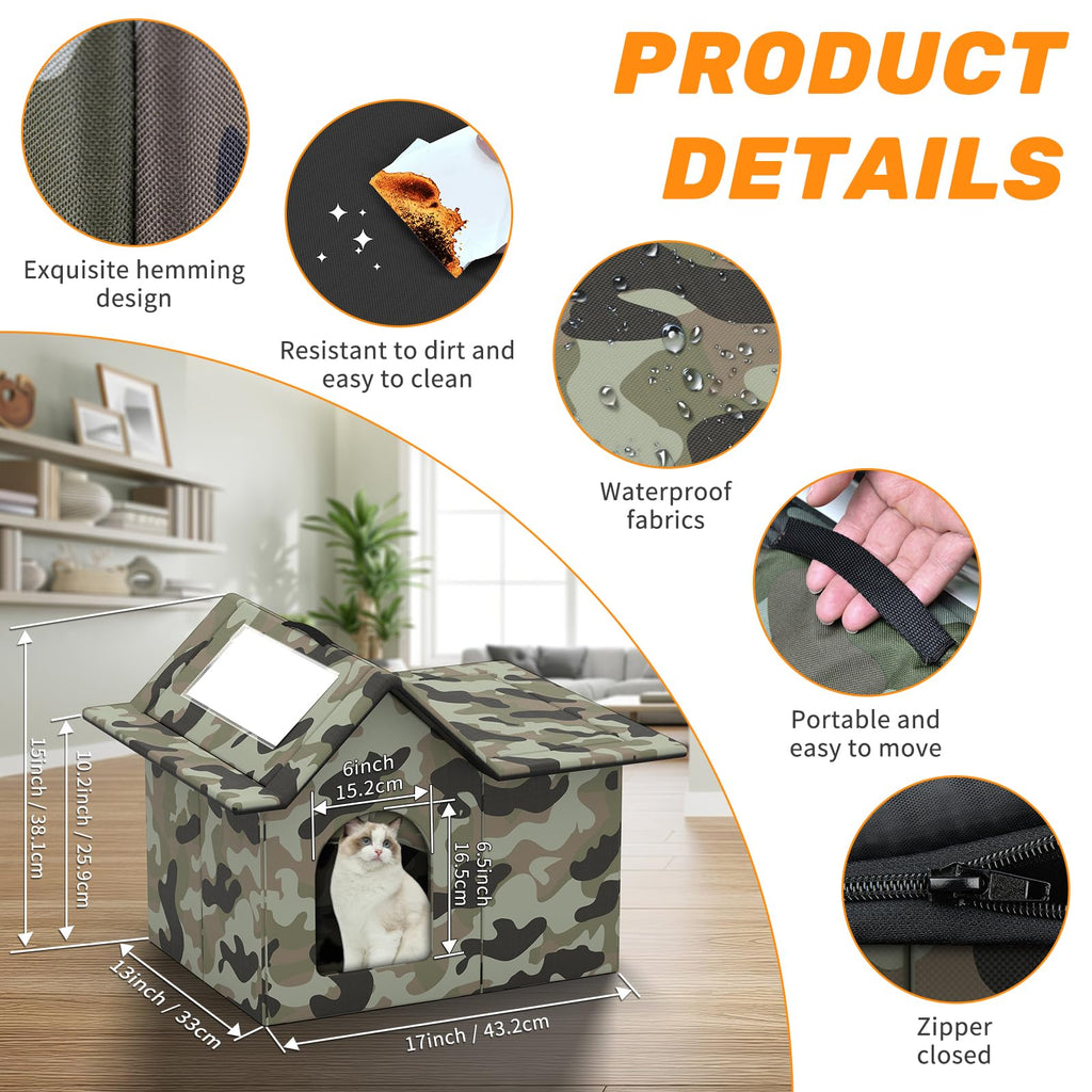 Weatherproof Collapsible Outdoor Cat House with Door and Soft Mat O871
