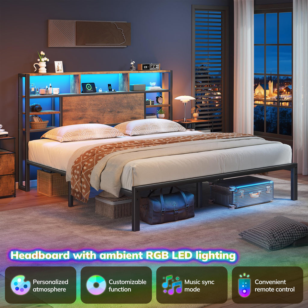 King Bed Frame with Storage Headboard and Charging Station G795
