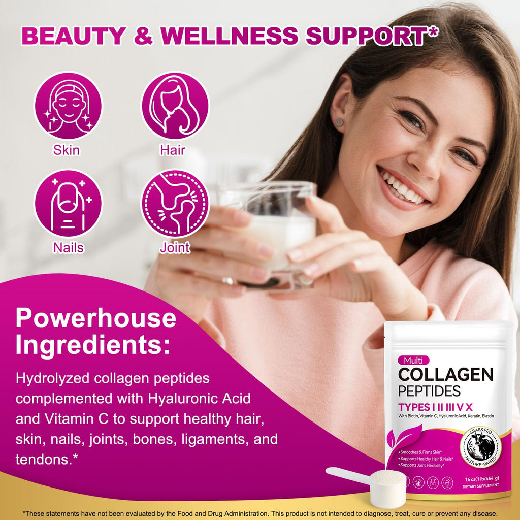 Multi Collagen Peptides Powder Types I II III V X 16 Oz Hydrolyzed with Biotin Unflavored E690