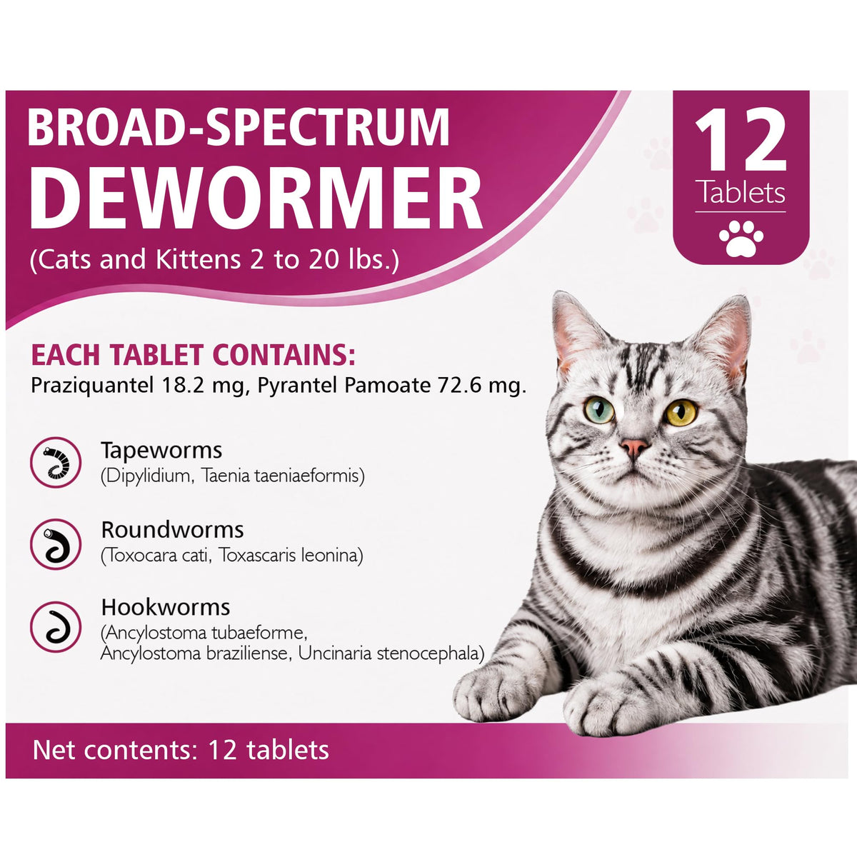 Broad-Spectrum Dewormer for Cats and Kittens, 12 Tablets K331936