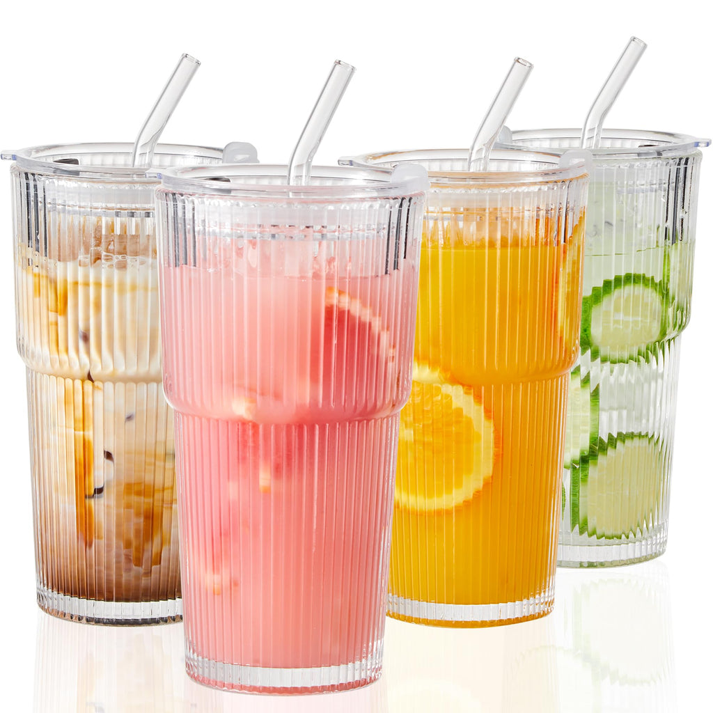 20oz Ribbed Glass Cups with Lids and Straws, Set of 4 H98867