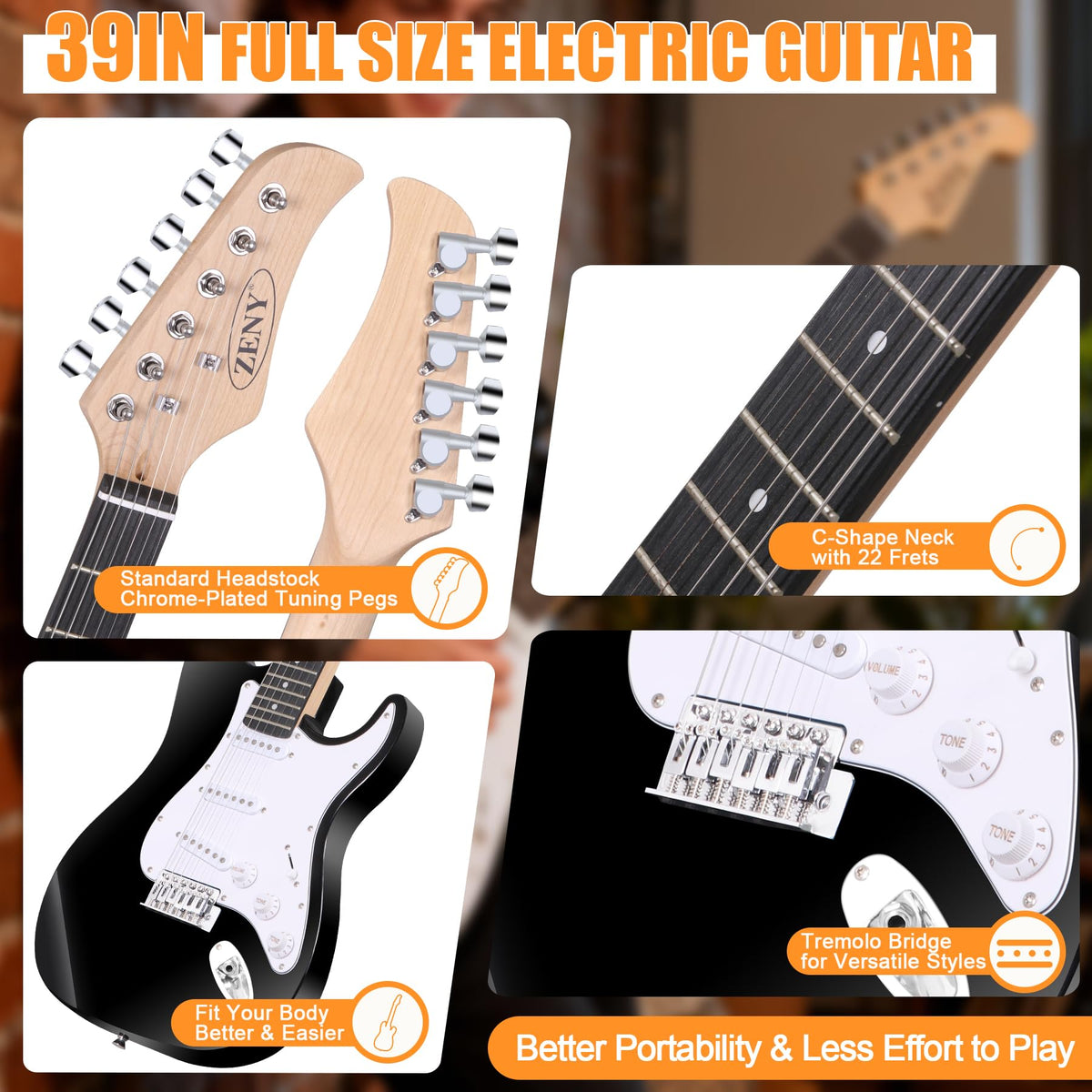 39in Full Size Electric Guitar with 10W Amp, Case and Accessories Pack, Black D205340