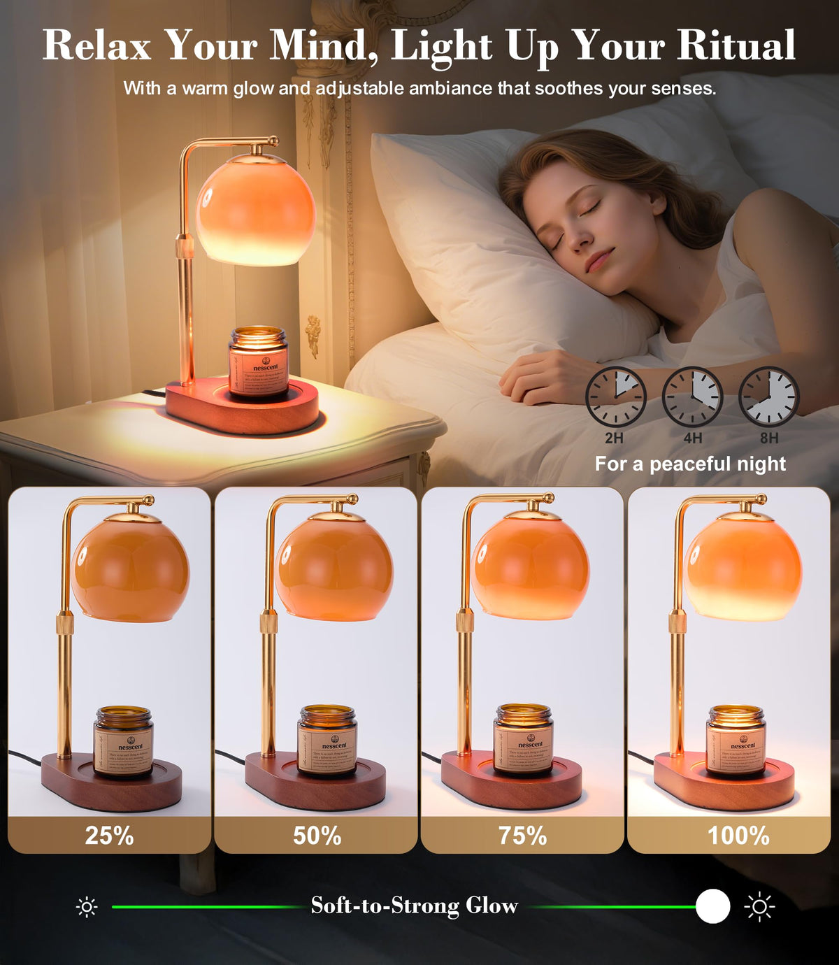 Amber Glass Candle Warmer Lamp Adjustable Height with Timer D5816
