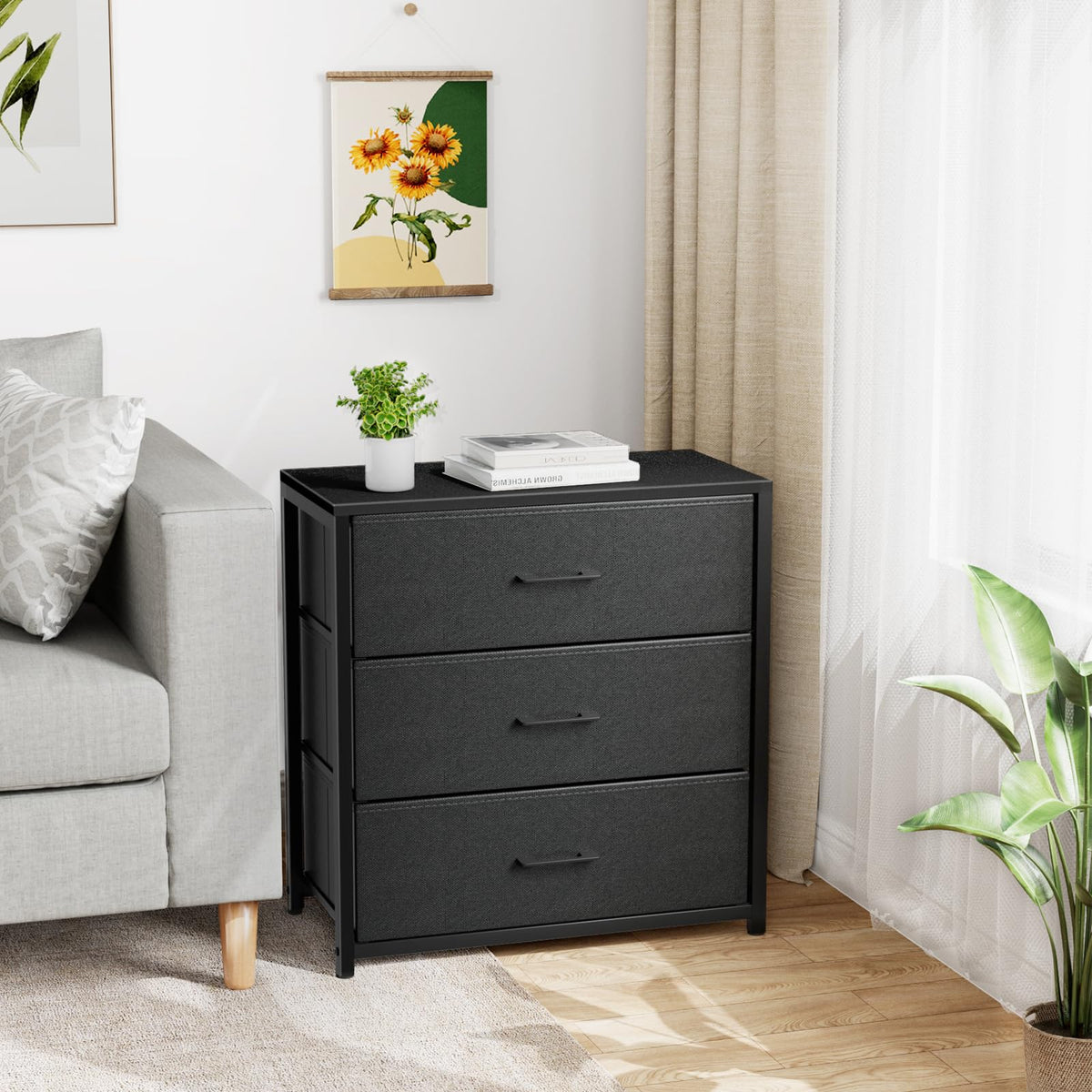 Black 3 Fabric Drawer Nightstand T77524
