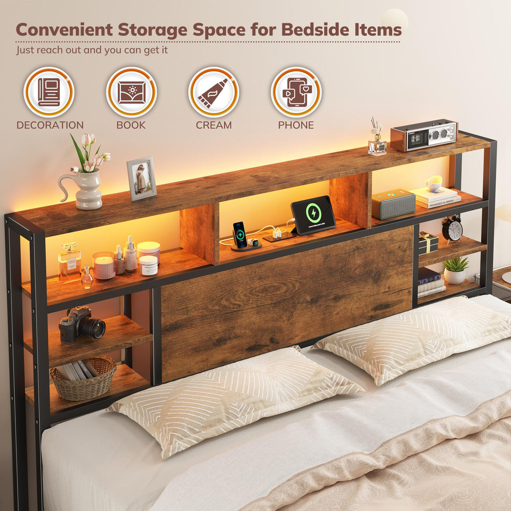 King Bed Frame with Storage Headboard and Charging Station G795