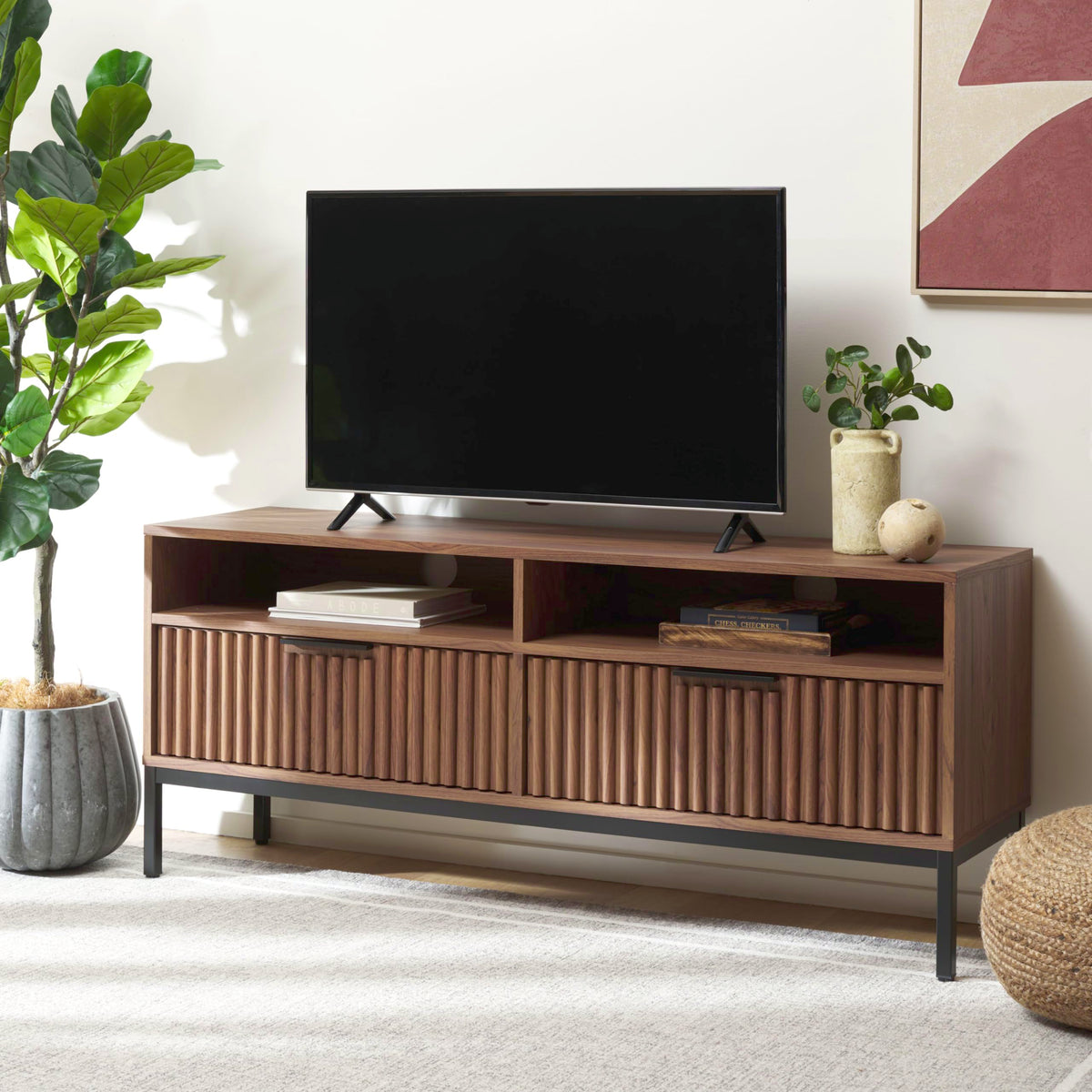 Walnut Brown Black 2 Drawer TV Stand Q6877