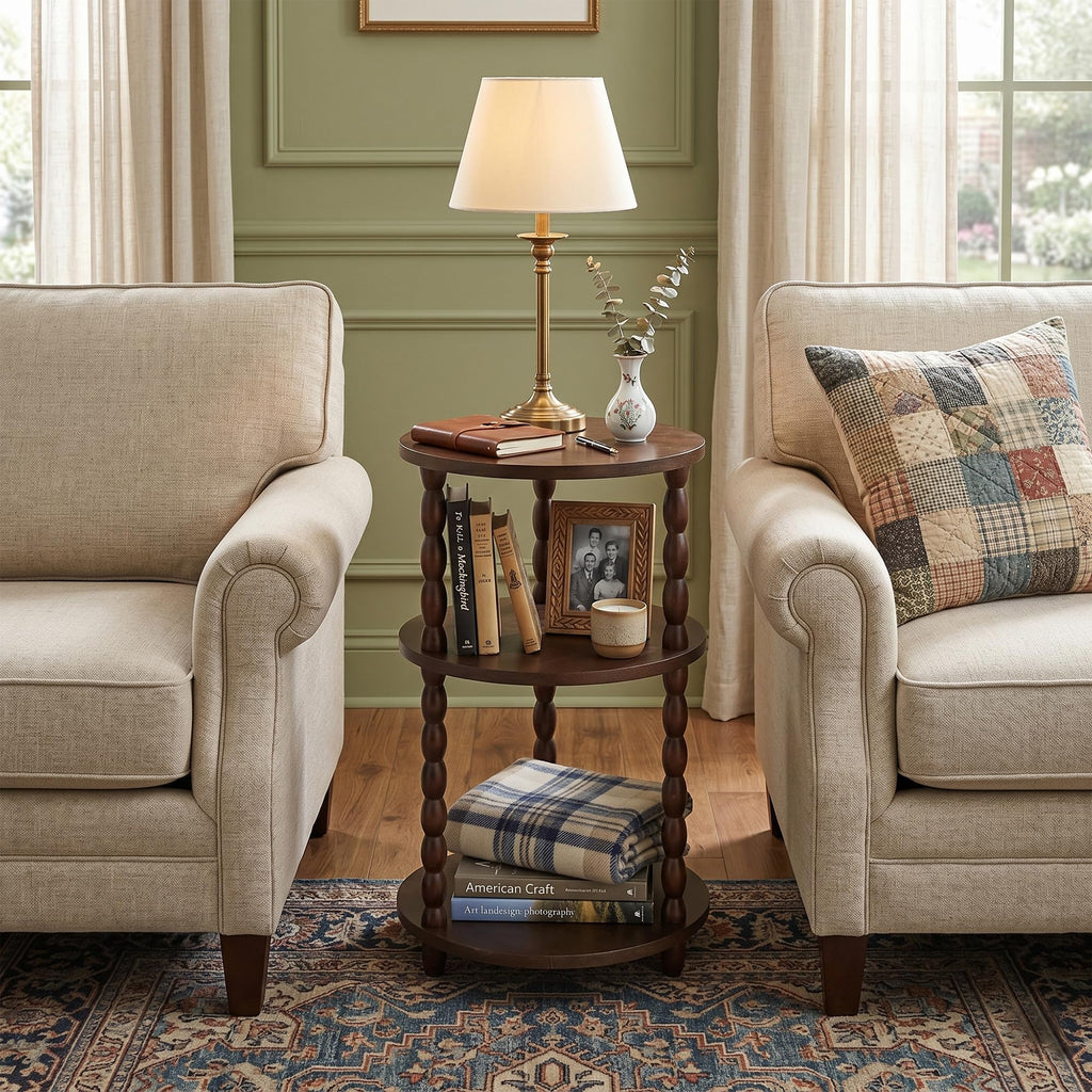 Small Round 3-Tier Solid Wood Side Table with Storage Shelf Q89150