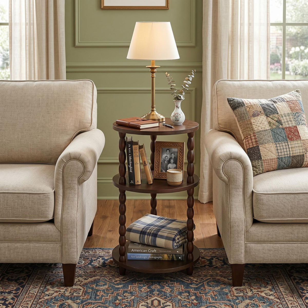 Small Round 3-Tier Solid Wood Side Table with Storage Shelf Q89150
